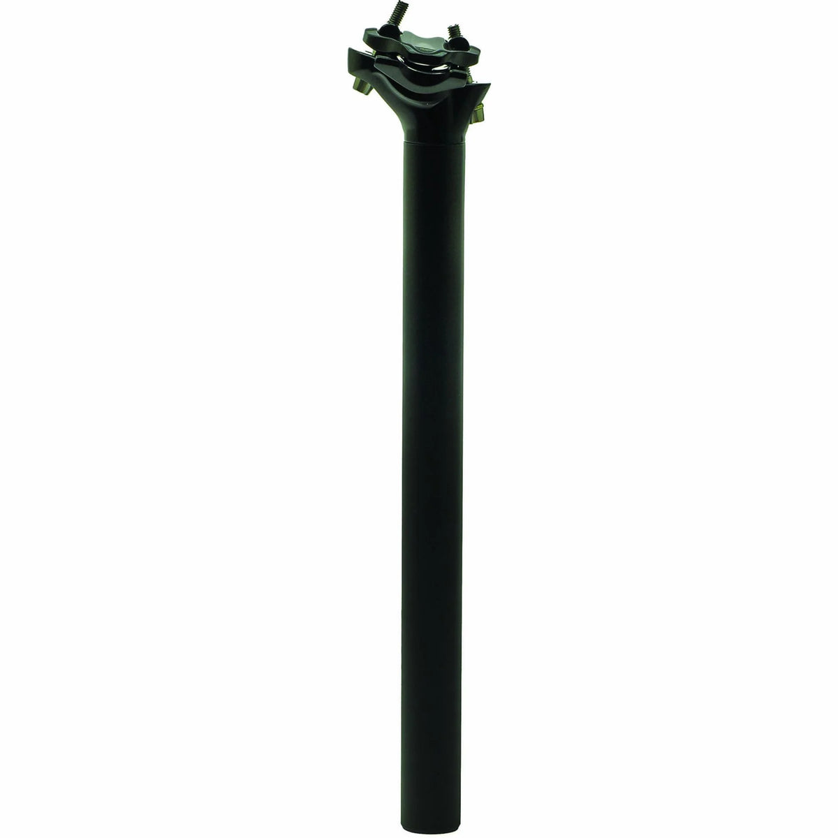 Black rigid bicycle seatpost with adjustable two bolt clamp on a white background.