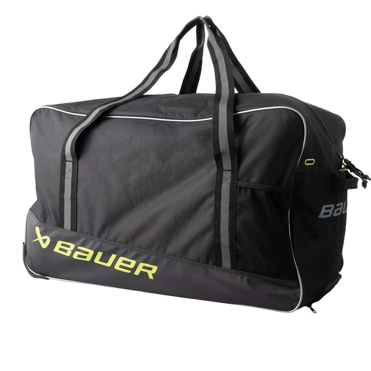 Black sports bag with yellow 'Bauer' logo on a white background