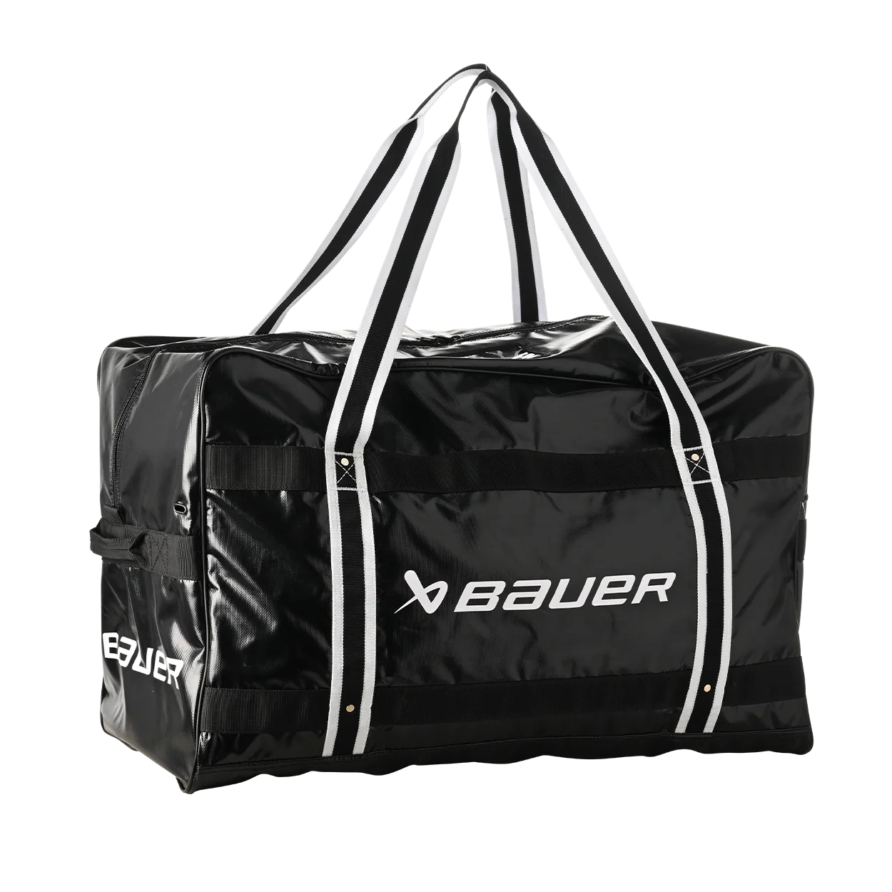 Black sports bag with white accents and Bauer logo on a white background