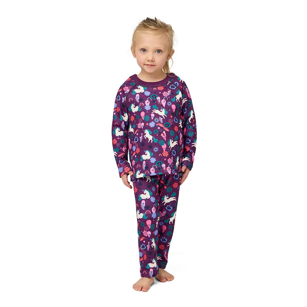 Girl wearing childrens base layer set from Wells Gray Outfitters