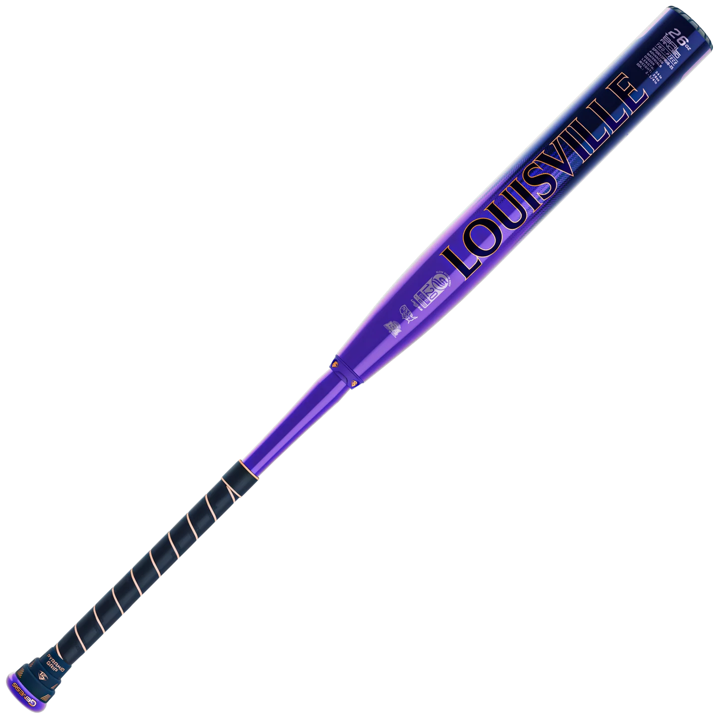 Purple and black slowpitch softball bat with 'Louisville Slugger' branding and USSSA stamp on a white background