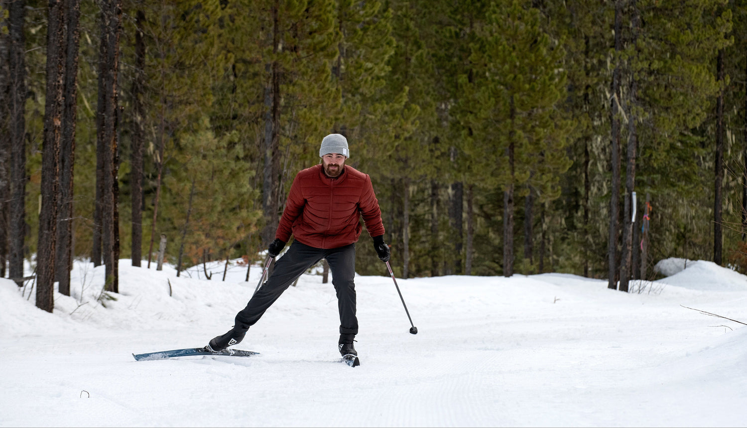 Maveric Northcott cross-country skiing in Blue River British Columbia.