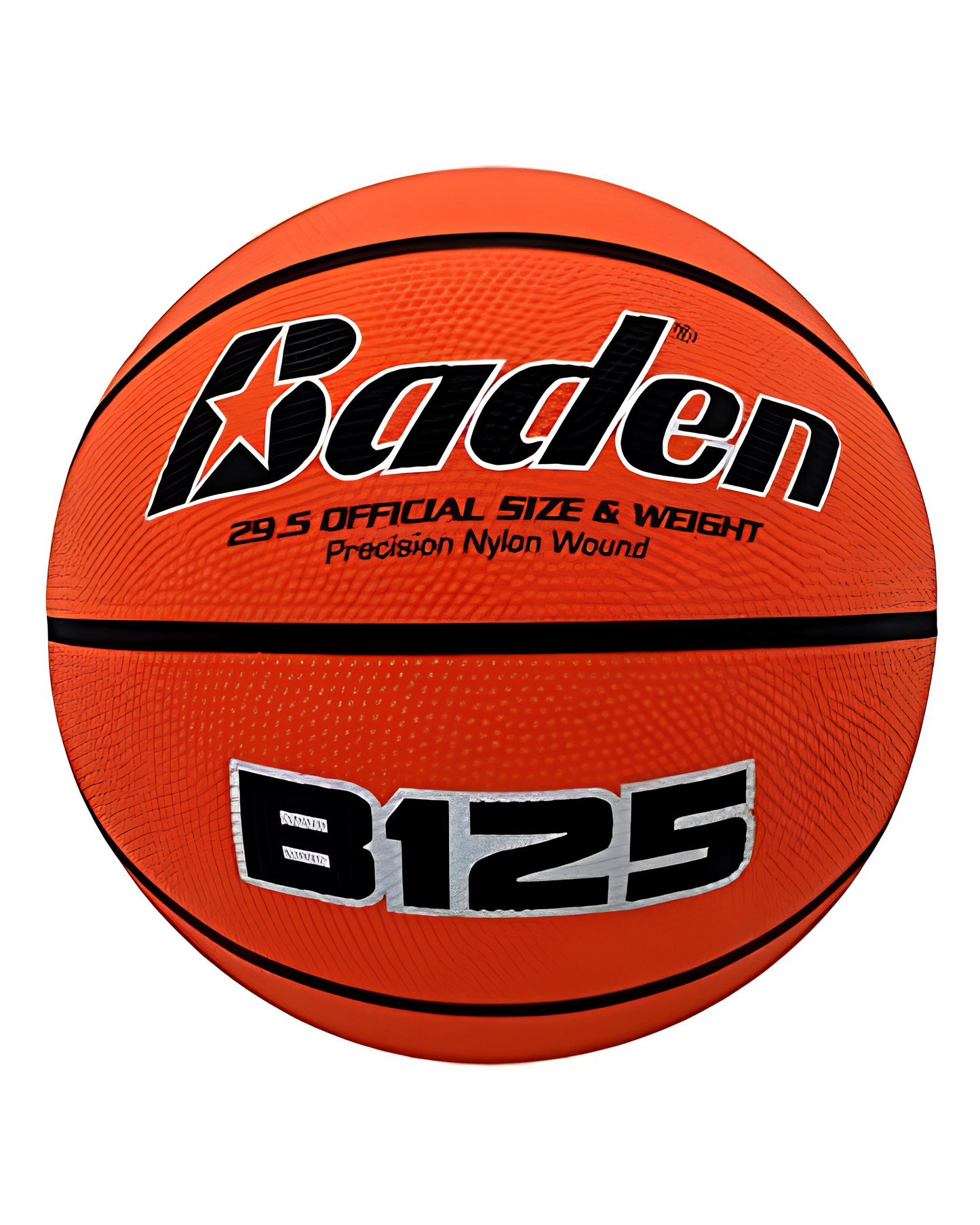 Orange deluxe rubber basketball with Baden B125 branding on a white background