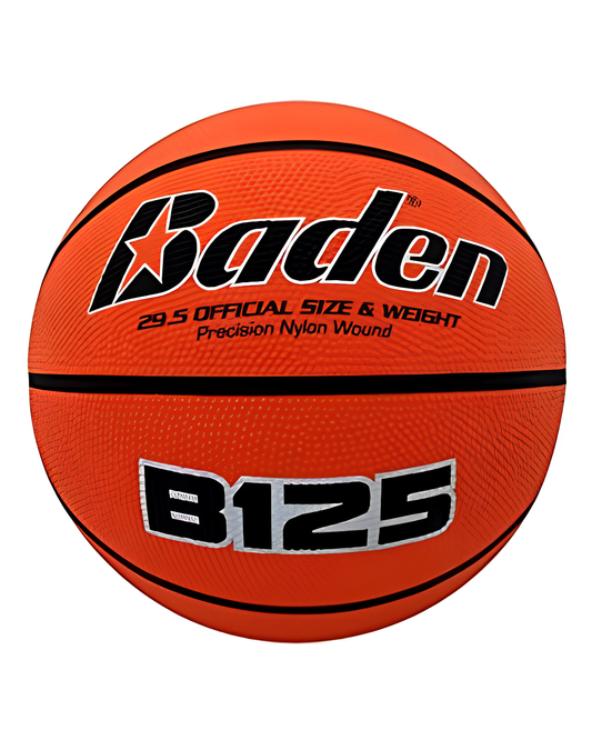 Orange deluxe rubber basketball with Baden B125 branding on a white background