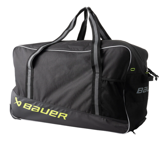 Black sports bag with yellow 'Bauer' logo on a white background