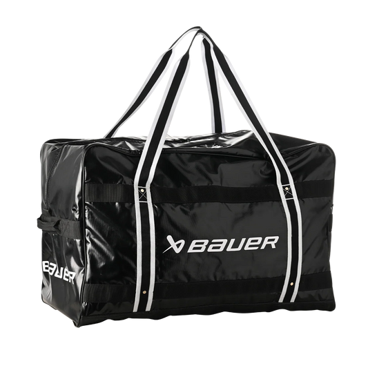 Black sports bag with white accents and Bauer logo on a white background