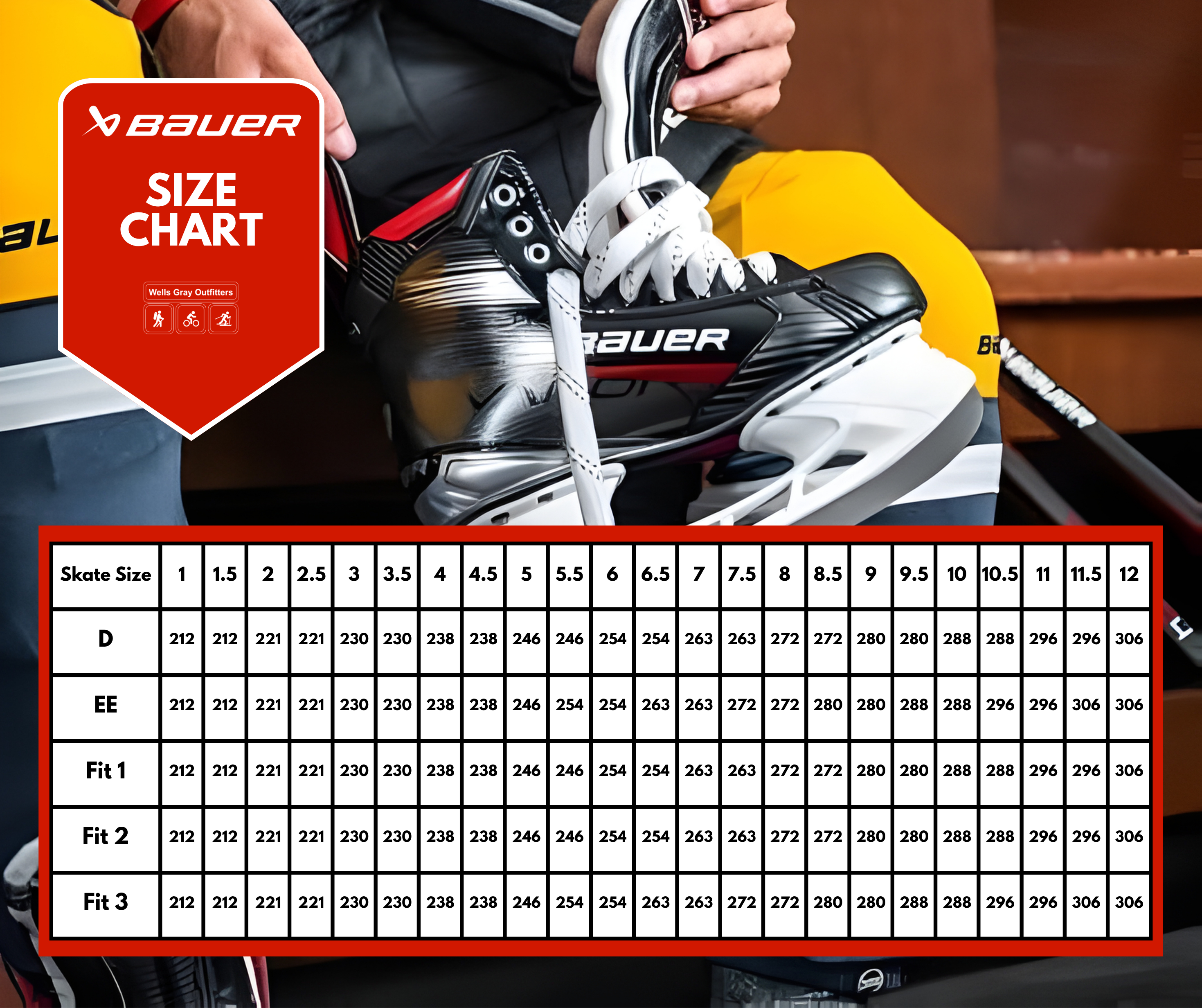 Size chart for Bauer replacement ice hockey blades.