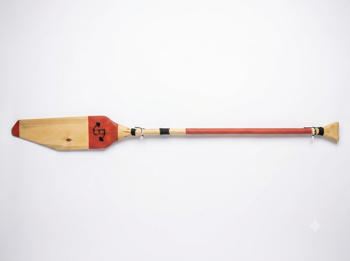 A single wooden paddle shown horizontally against a plain white background. The blade is light natural wood with a red section and red tip, and the shaft is red with black and beige bands near the base.