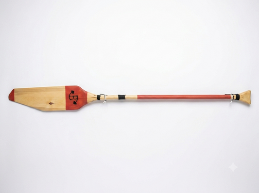 A single wooden paddle shown horizontally against a plain white background. The blade is light natural wood with a red section and red tip, and the shaft is red with black and beige bands near the base.