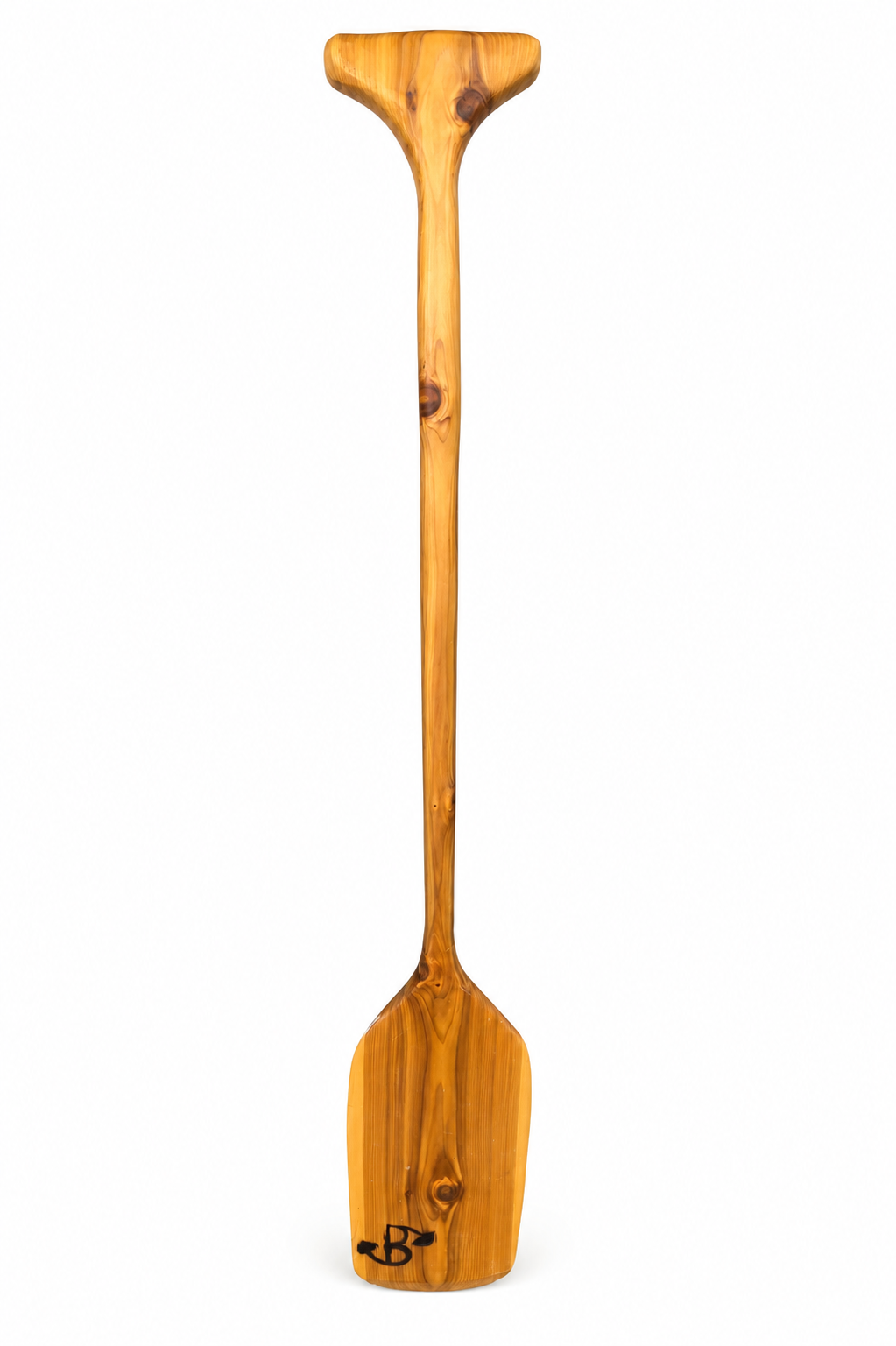 A single wooden paddle with a natural warm brown finish and visible wood grain, isolated on a white background.