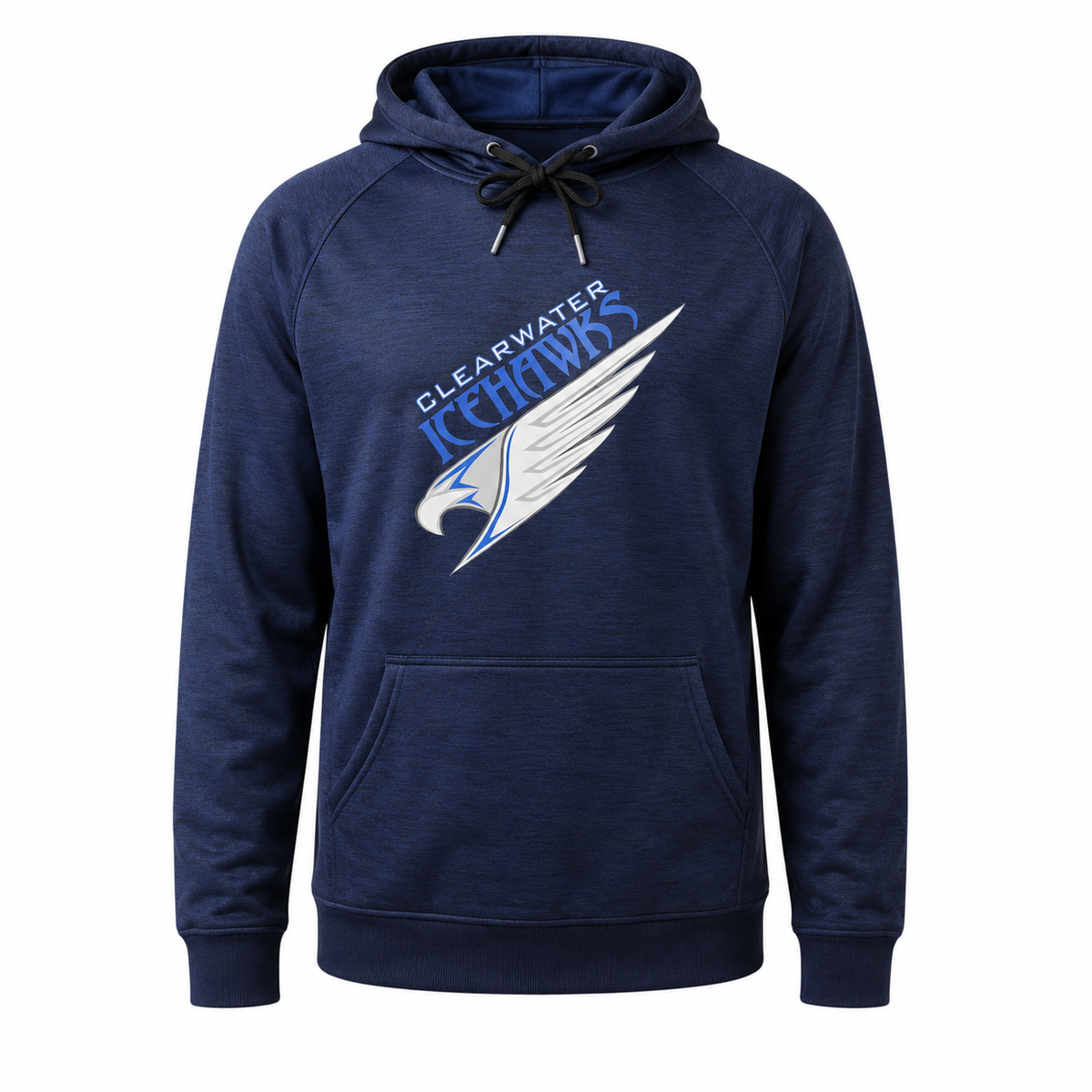 A navy blue heather pullover hoodie featuring the Clearwater Icehawks logo printed on the chest in white and light blue, shown against a plain white background.