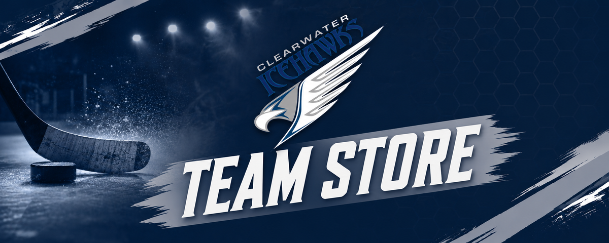 A promotional graphic banner for Clearwater Icehawks Team Store, featuring the team logo, a hockey stick on ice, and bold text on a dark blue hockey-themed background.