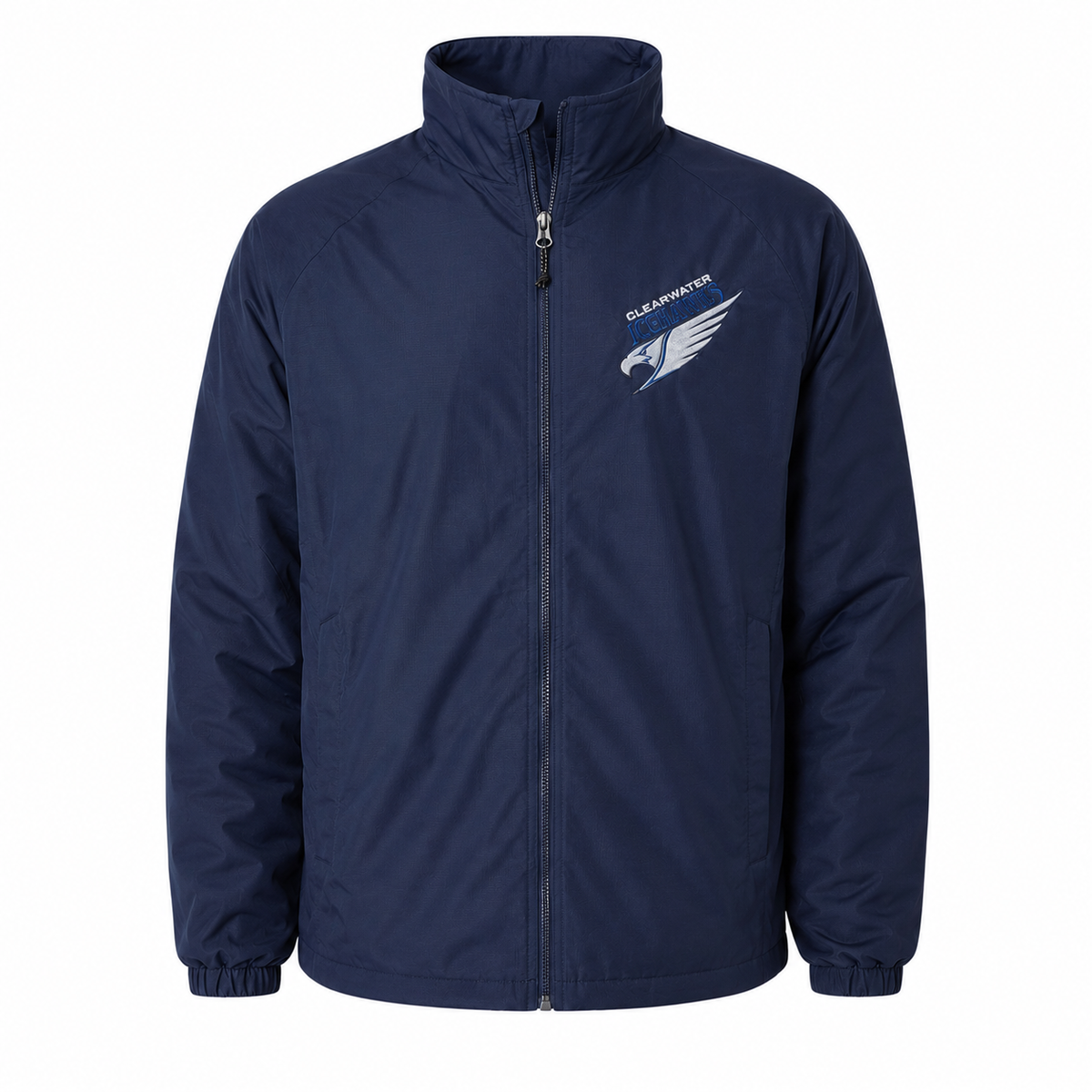 A navy blue full-zip jacket with a stand-up collar, featuring a white and blue Clearwater Icehawks logo on the left chest, displayed on a clean white background.