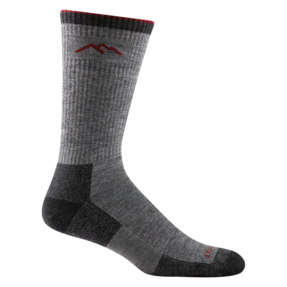 A pair of Darn Tough men's midweight hiking socks in charcoal color with red detailing at the top.