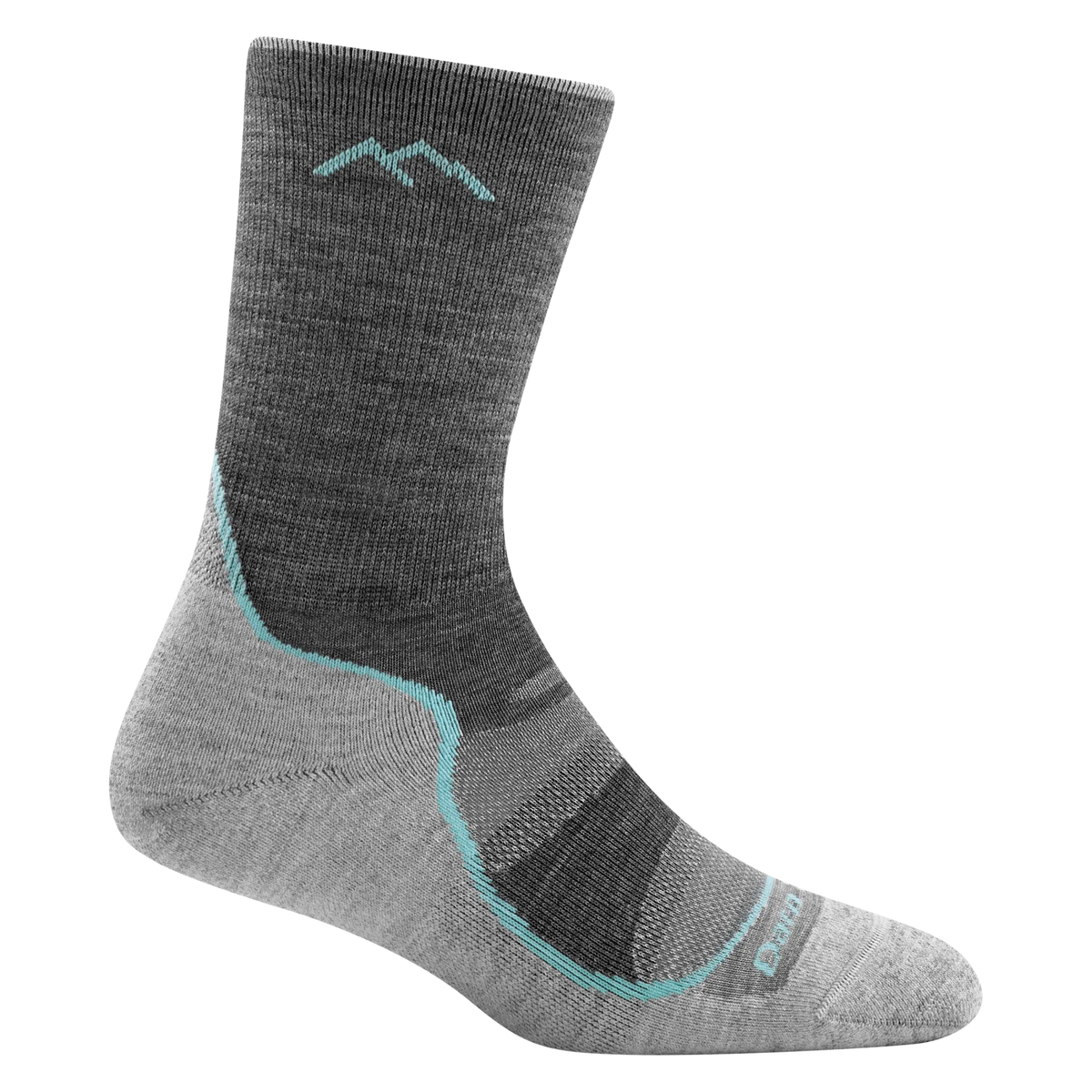 A grey Darn Tough merino wool micro crew sock.