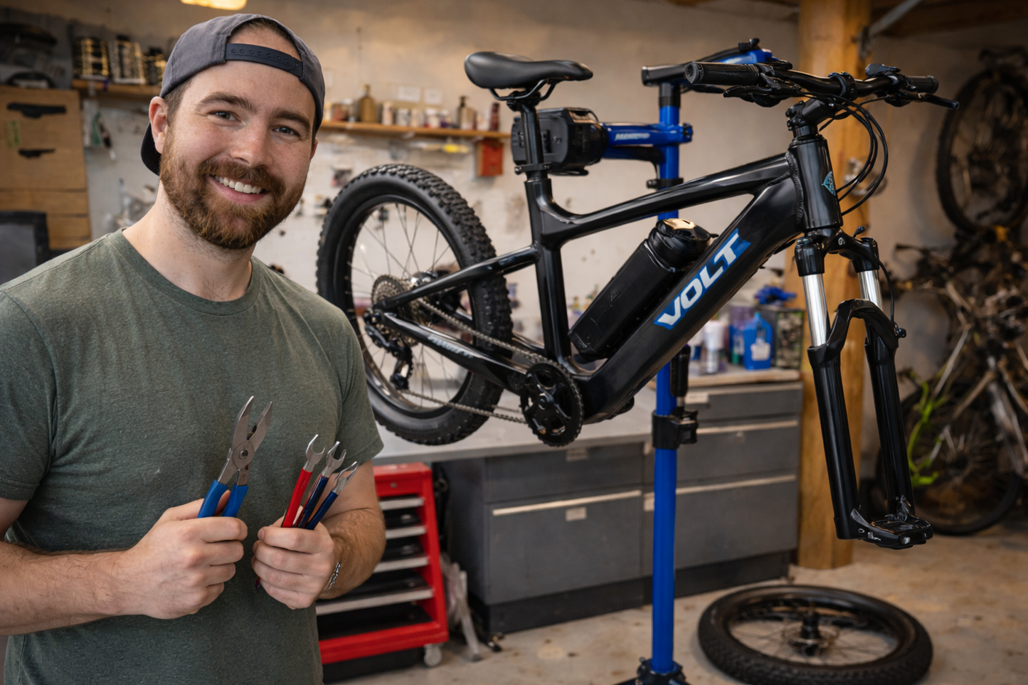 Maveric Northcott, owner of Wells Gray Outfitters in Clearwater BC performing a tune-up on an e-bike.