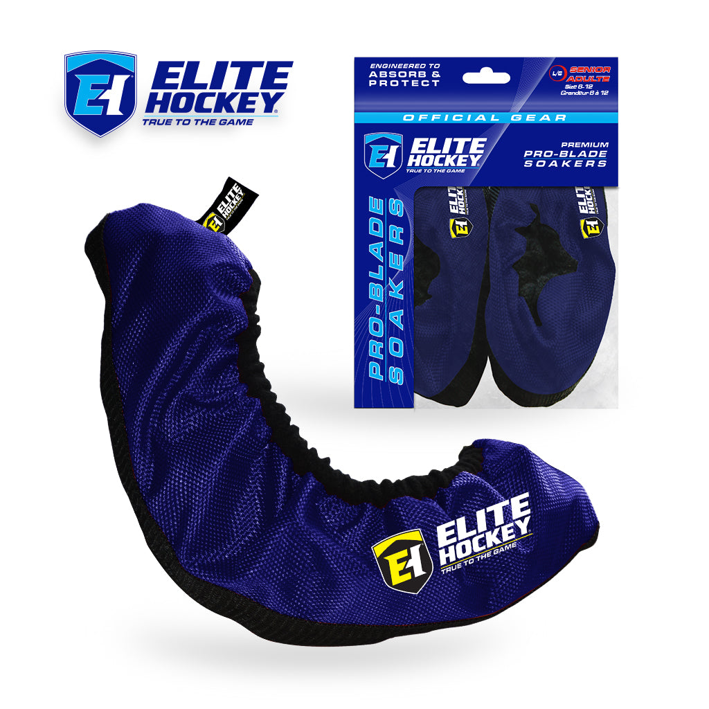 Elite Hockey Pro-Blade Soakers in dark blue mesh with black trim, shown both unpackaged and in retail packaging on a white background.