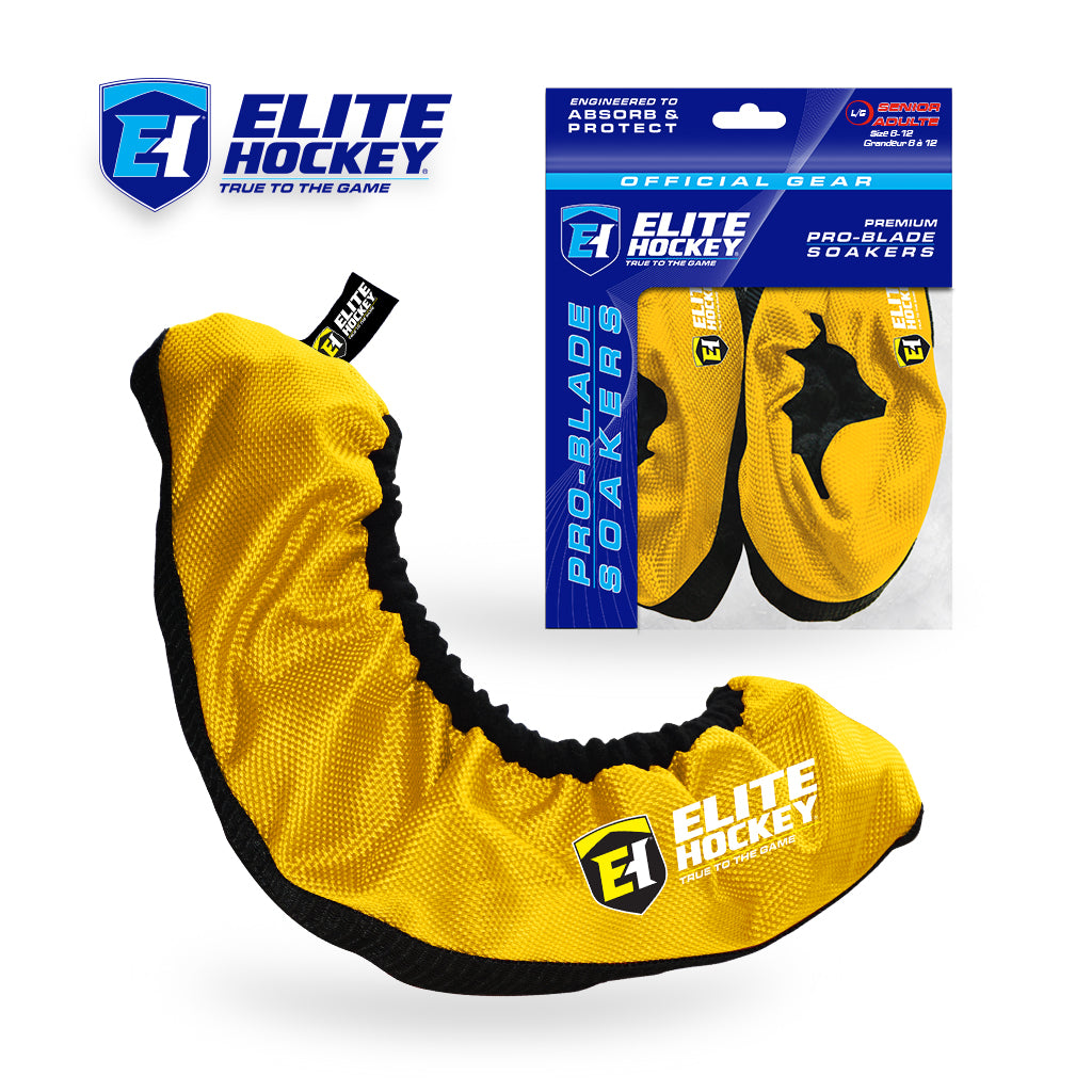 Yellow hockey blade cover with Elite Hockey branding and packaging in the background.