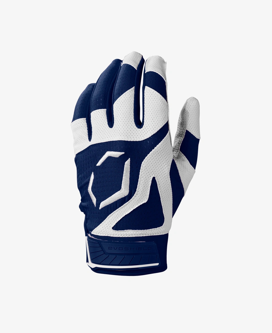 A single batting glove with a white and blue color scheme, featuring a breathable mesh backhand and synthetic palm.