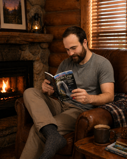 Handsome man reading Exploring Wells Gray Book in a cozy cabin in Wells Gray Park