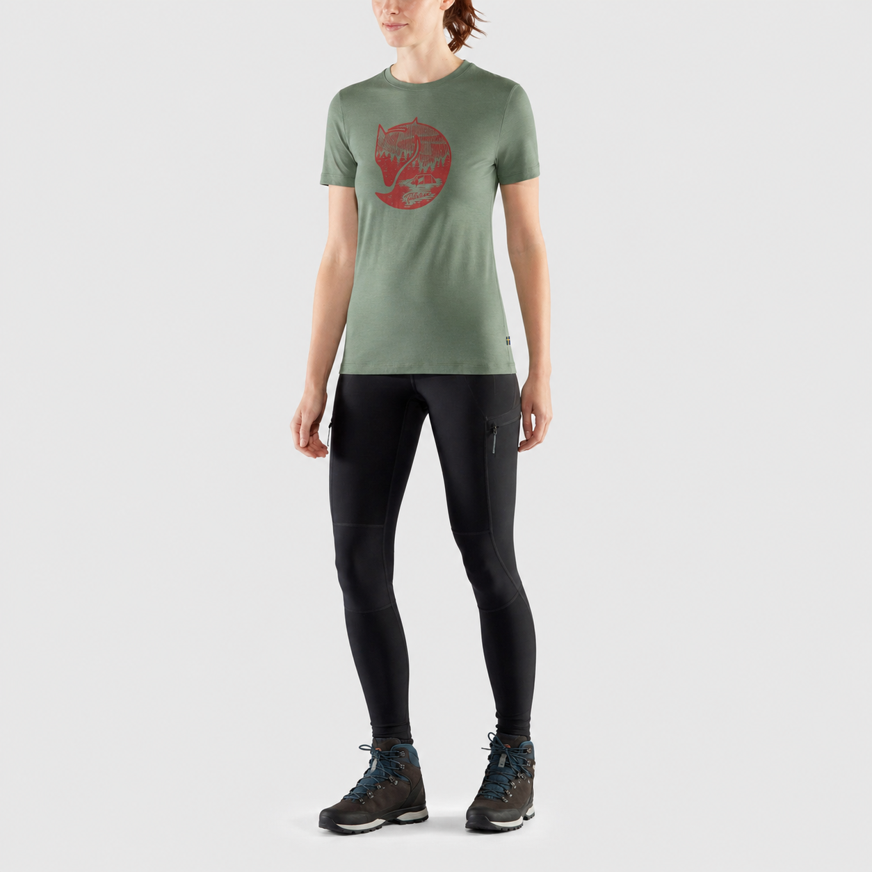Model wearing the Fjallraven Abisko Wool Fox Short Sleeve T-Shirtin Patina Green