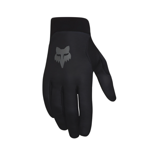 A black mountain bike glove featuring the Fox brand logo on the back.