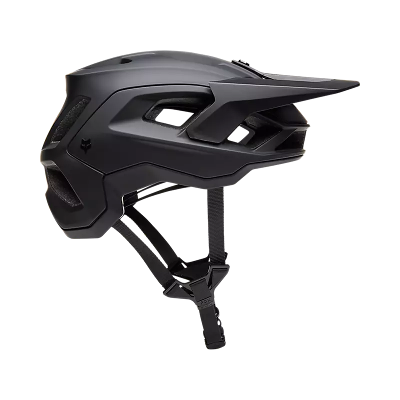 A black Fox Speedframe mountain bike helmet with visor and adjustable strap.