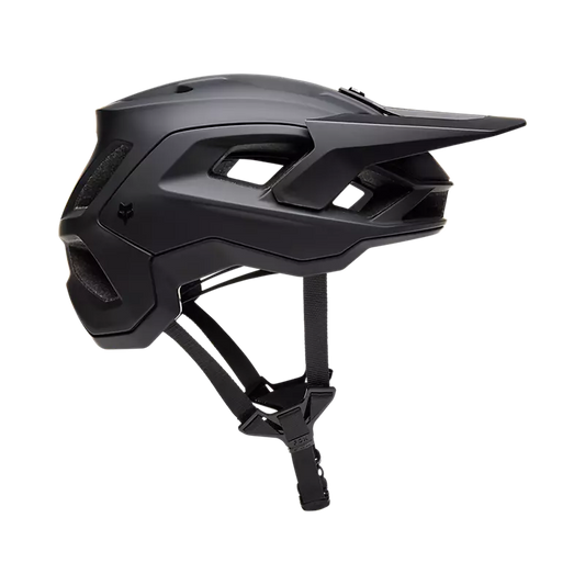 A black Fox Speedframe mountain bike helmet with visor and adjustable strap.