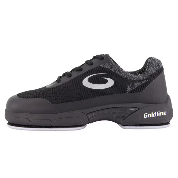 Black and gray curling shoe with 'Goldline' branding on a white background