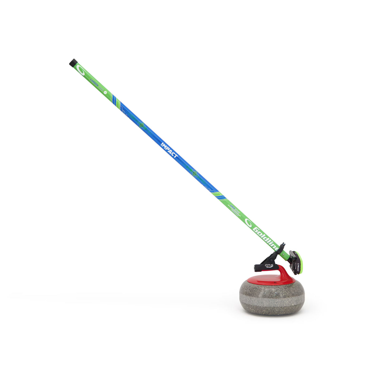 A curling stick with a blue and green shaft, resting on a gray stone curling puck with a red handle against a plain white background.