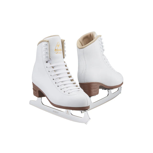 A pair of white Jackson Artiste women's figure skates with laces and a chrome blade.