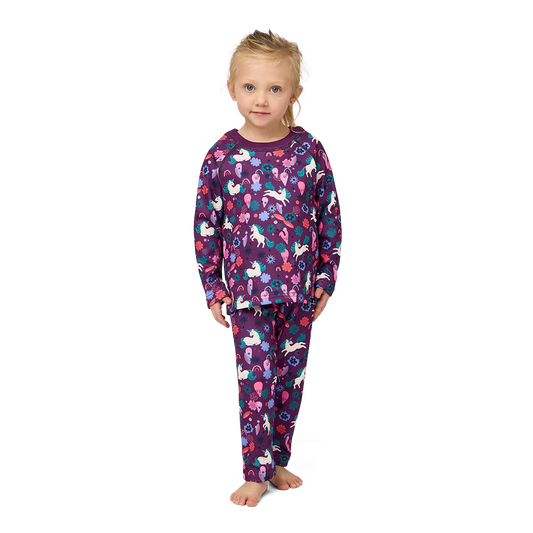 Girl wearing childrens base layer set from Wells Gray Outfitters