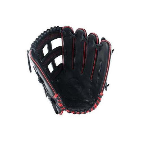 Black Louisville Slugger Genesis softball glove with red accents on a white background