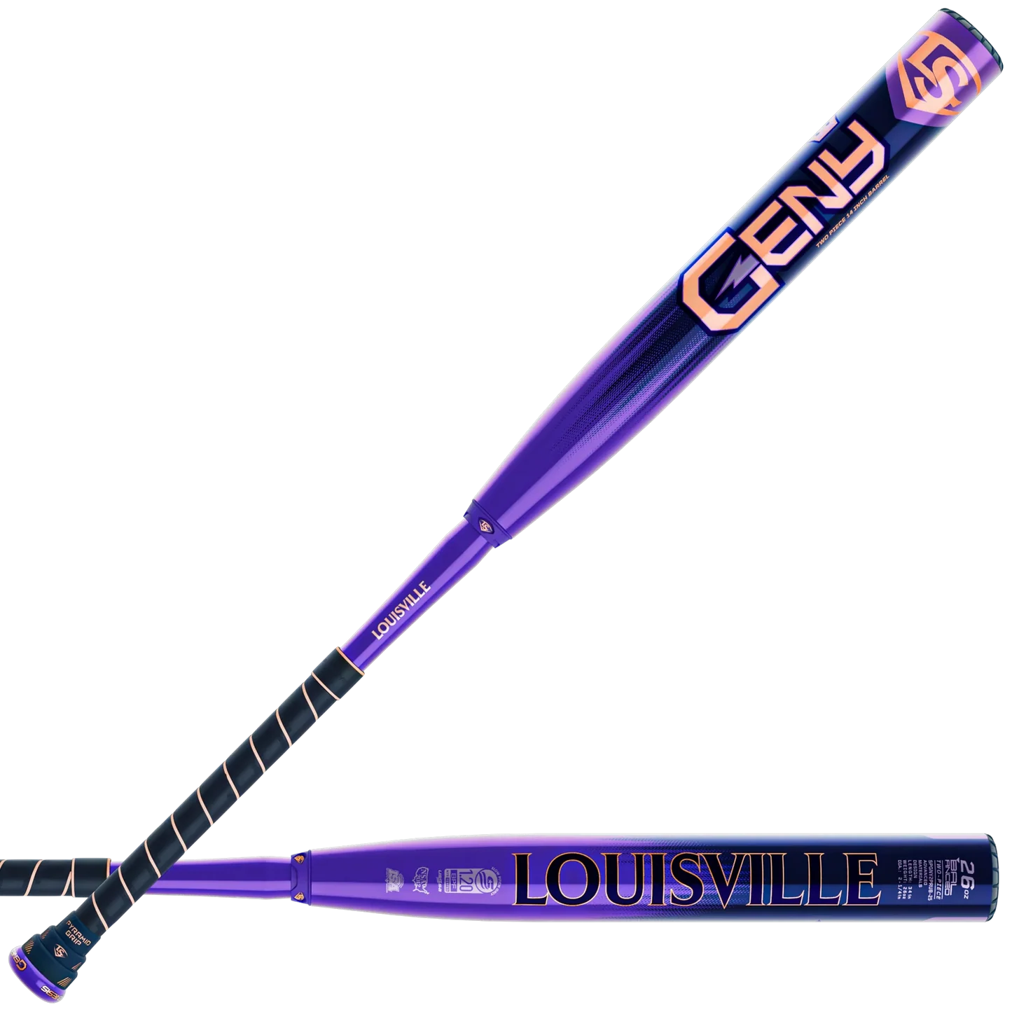 Purple Louisville slowpitch softball bat with USSSA stamps on a white background