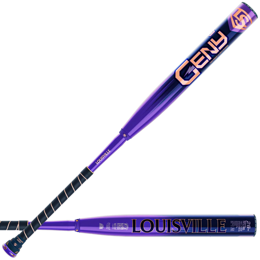 Purple Louisville slowpitch softball bat with USSSA stamps on a white background