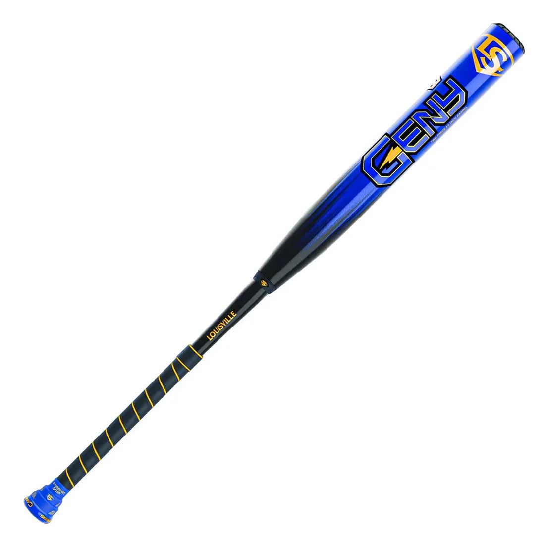 Blue slowpitch softball bat with LS Geny branding on white background