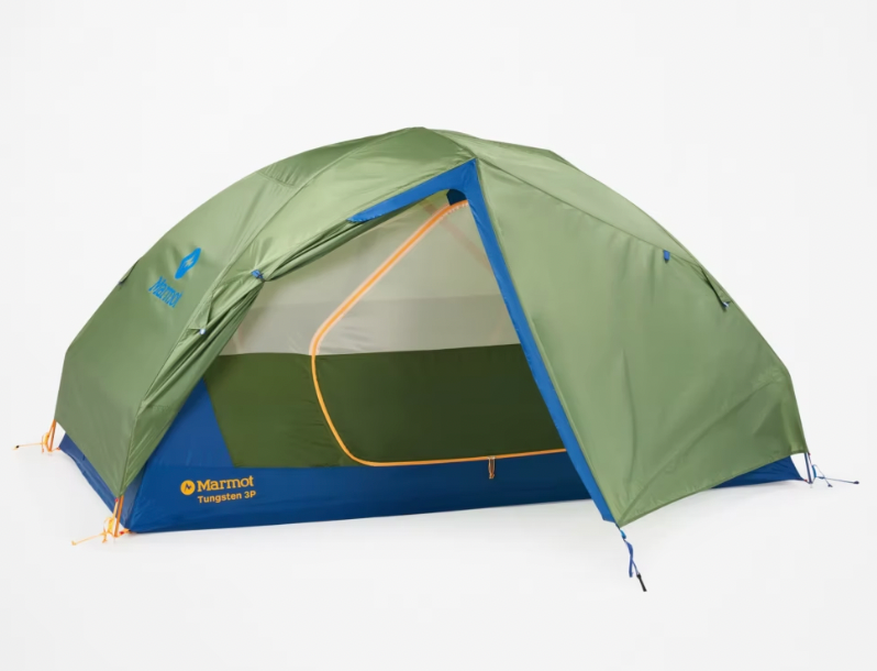 A dark azure green Marmot Tungsten 3-person tent with a freestanding design, featuring two doors and two vestibules.