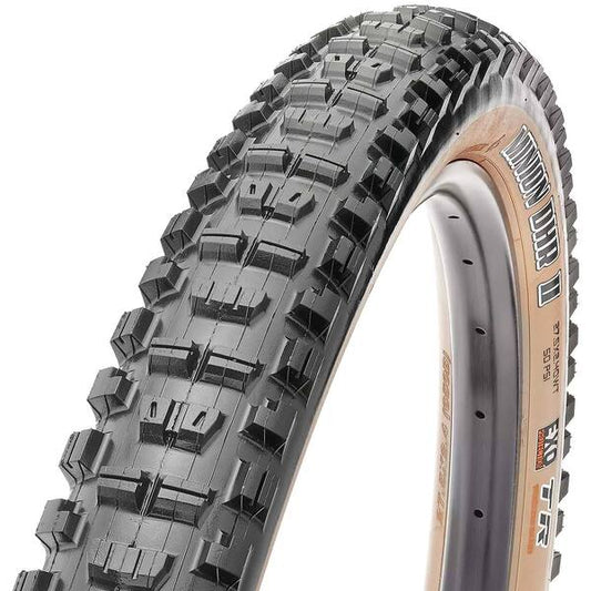 Maxxis DHR exo dual compound with a tan sidewall 
