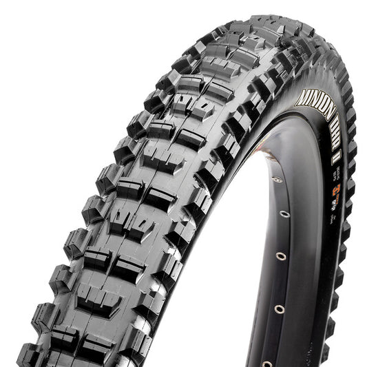 A black Maxxis Minion DHR II dual compound tire with deep tread and knobbed design, intended for mountain biking.