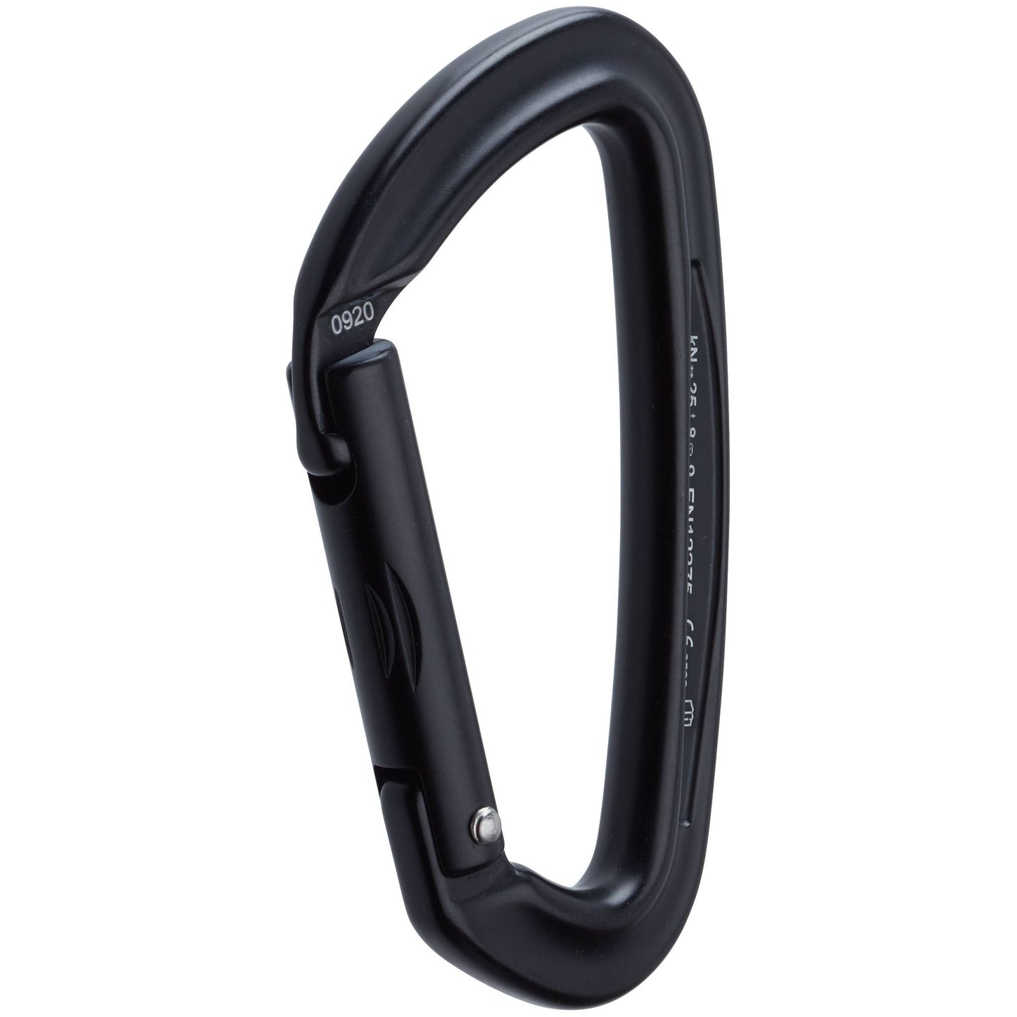 A black NRS Sliq Straight Gate Carabiner with an asymmetrical D-shape design.
