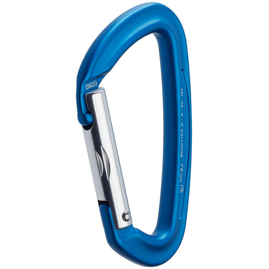 A blue NRS Sliq Straight Gate Carabiner with an asymmetrical D-shape design.