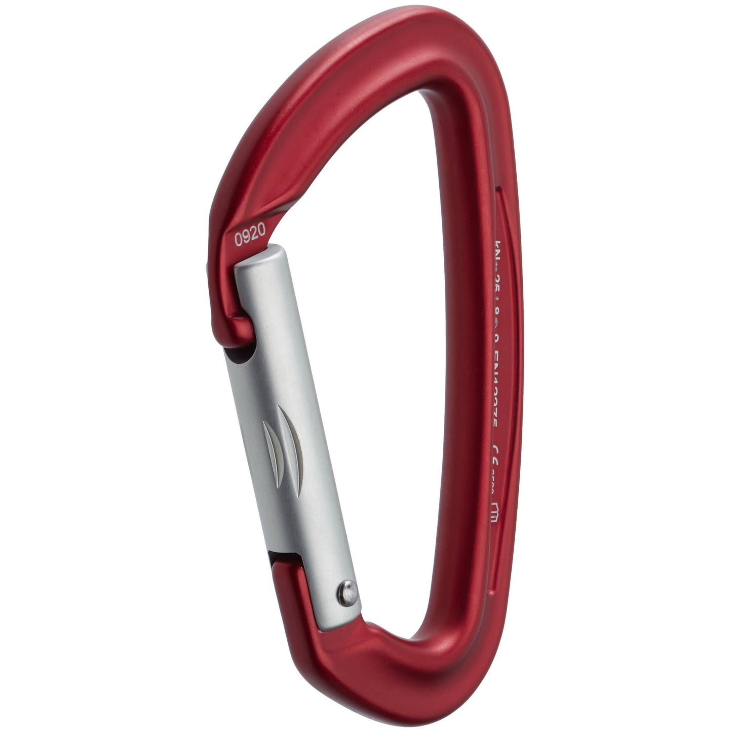 A red NRS Sliq Straight Gate Carabiner with an asymmetrical D-shape design.