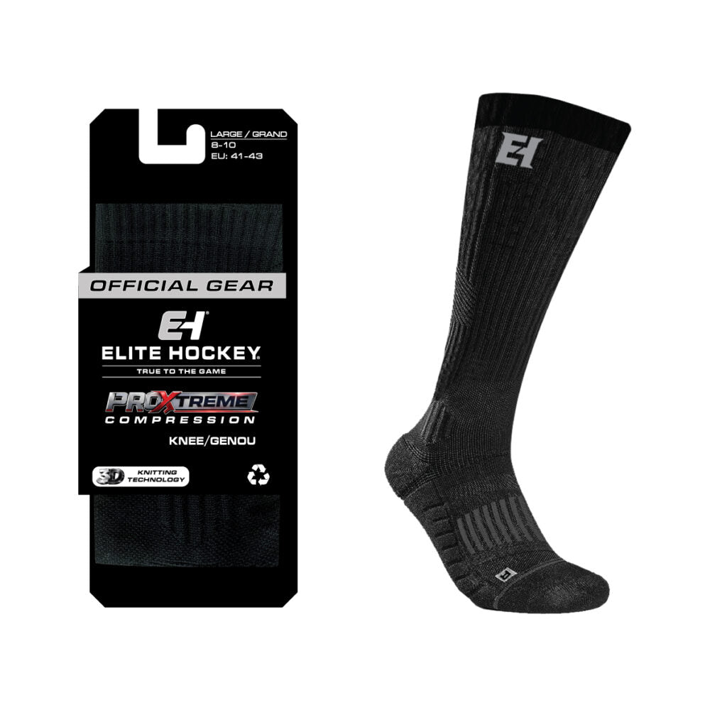 A black Elite Hockey ProXtreme compression knee/genou sock shown next to its retail packaging on a plain white background.
