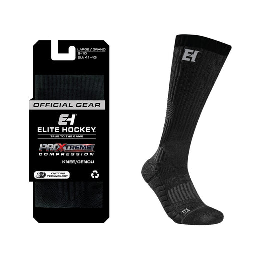 A black Elite Hockey ProXtreme compression knee/genou sock shown next to its retail packaging on a plain white background.