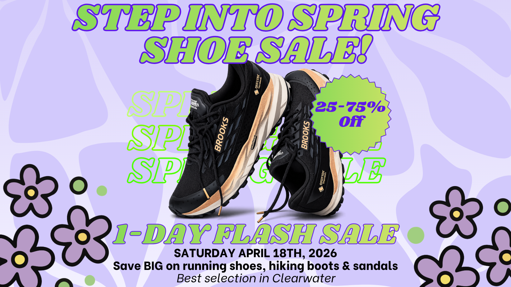 Promotional poster for a shoe sale with running shoes and floral designs on a purple background.
