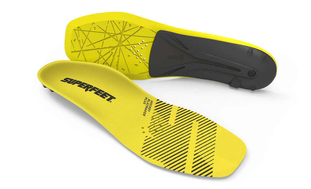 Yellow and black skate insoles with 'Superfeet' branding on a white background