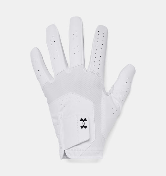 White Under Armour golf glove with brand logo on a light gray background