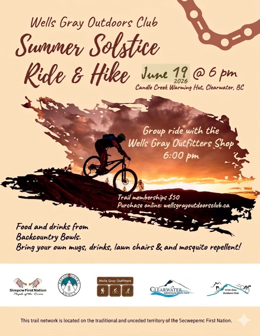 Promotional flyer for Wells Gray Outdoors Club's Summer Solstice Ride & Hike event.