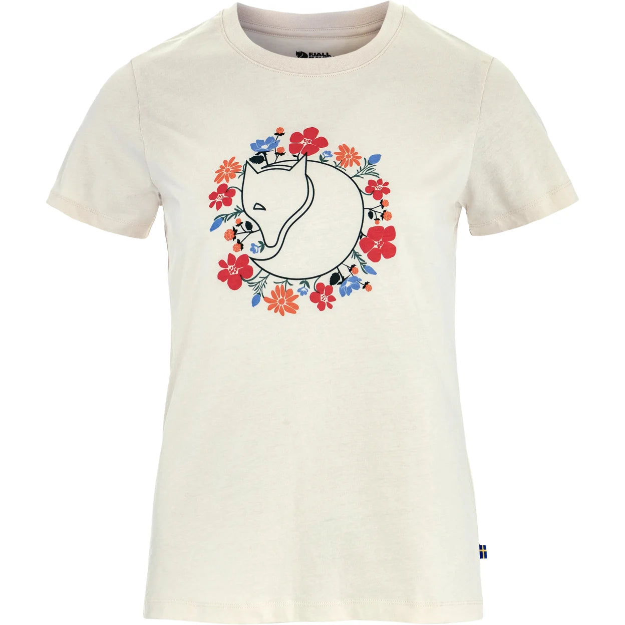 Off white Fjallraven t-shirt with a floral and fox design on a white background