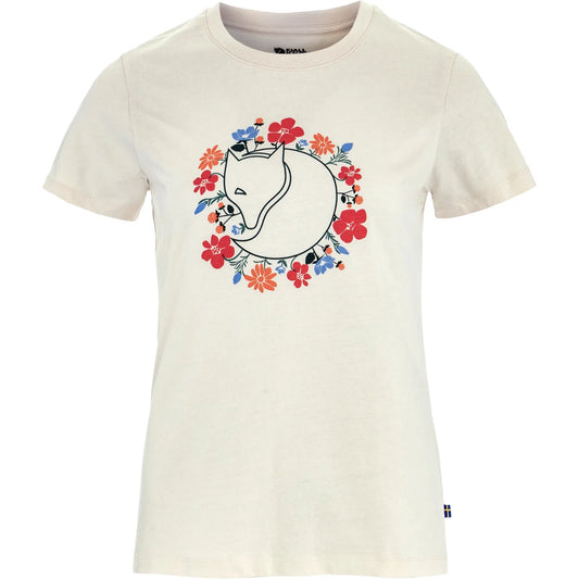 Off white Fjallraven t-shirt with a floral and fox design on a white background